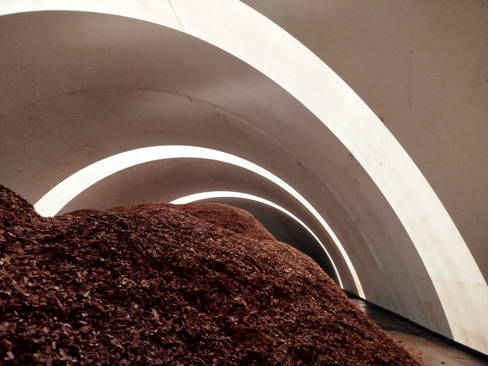 Armazenamento de biomassa em galpão inflável.