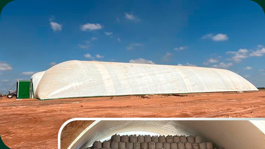 Galpão inflável instalado em área aberta sob céu azul