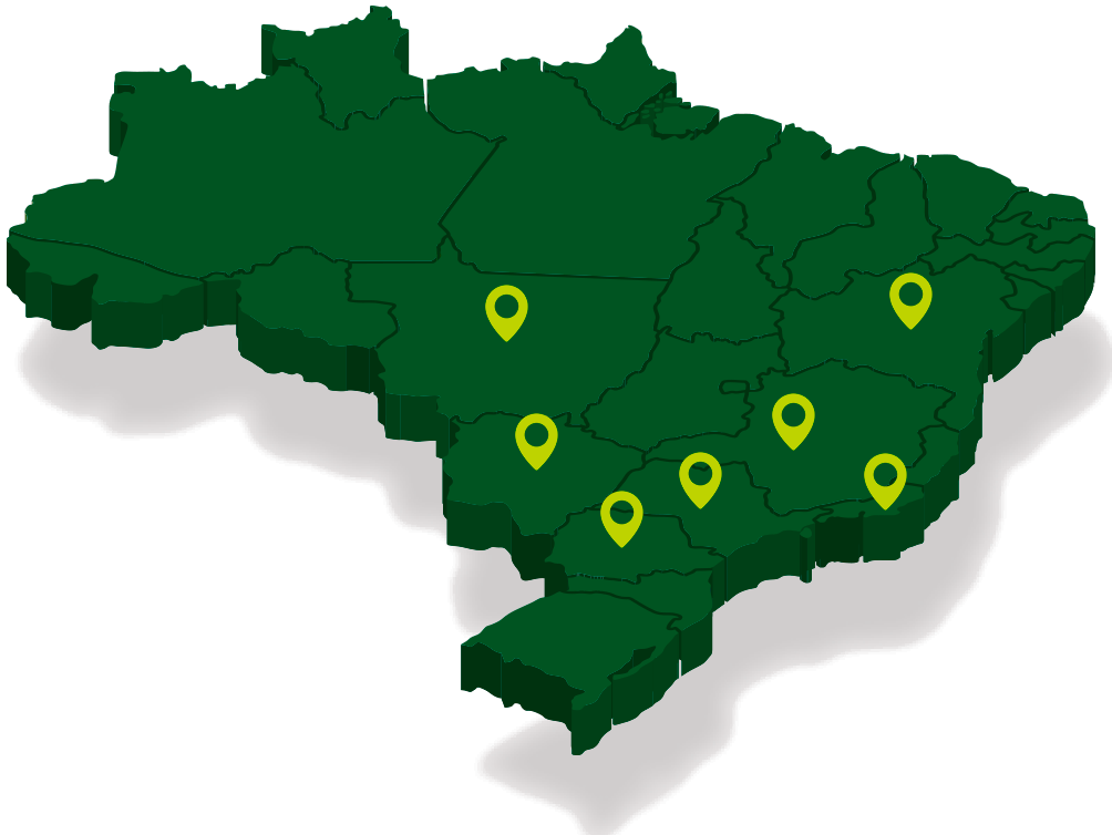 Mapa do Brasil com marcações das regiões atendidas pela Domus Coberturas