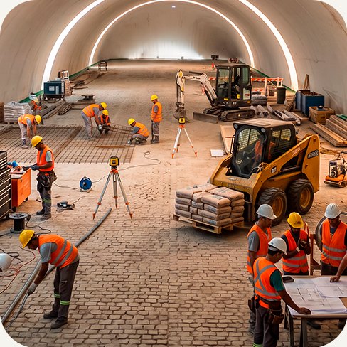 Equipe de obra trabalhando dentro de um galpão inflável