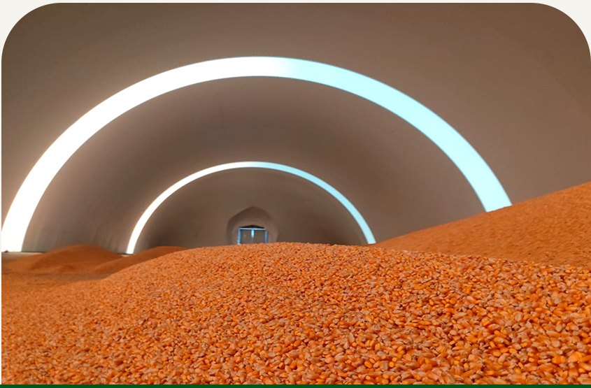 Interior de galpão inflável com armazenagem de grãos